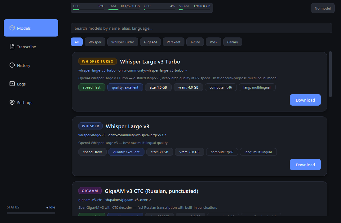 The Models tab of Lazy to Text showing model cards with family chips, an inline inference settings panel, and live resource stats in the topbar.