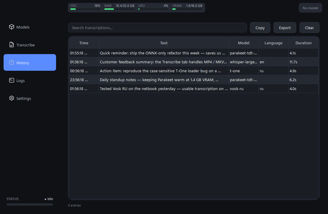 History tab — searchable table with sample transcriptions, alias-displayed model column, full-text tooltip, and Copy / Export / Clear buttons.