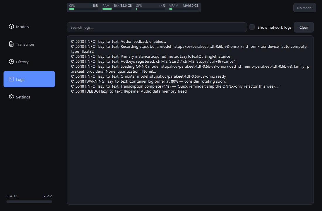 Logs tab showing colour-coded log lines with a search field and a Show network logs toggle.