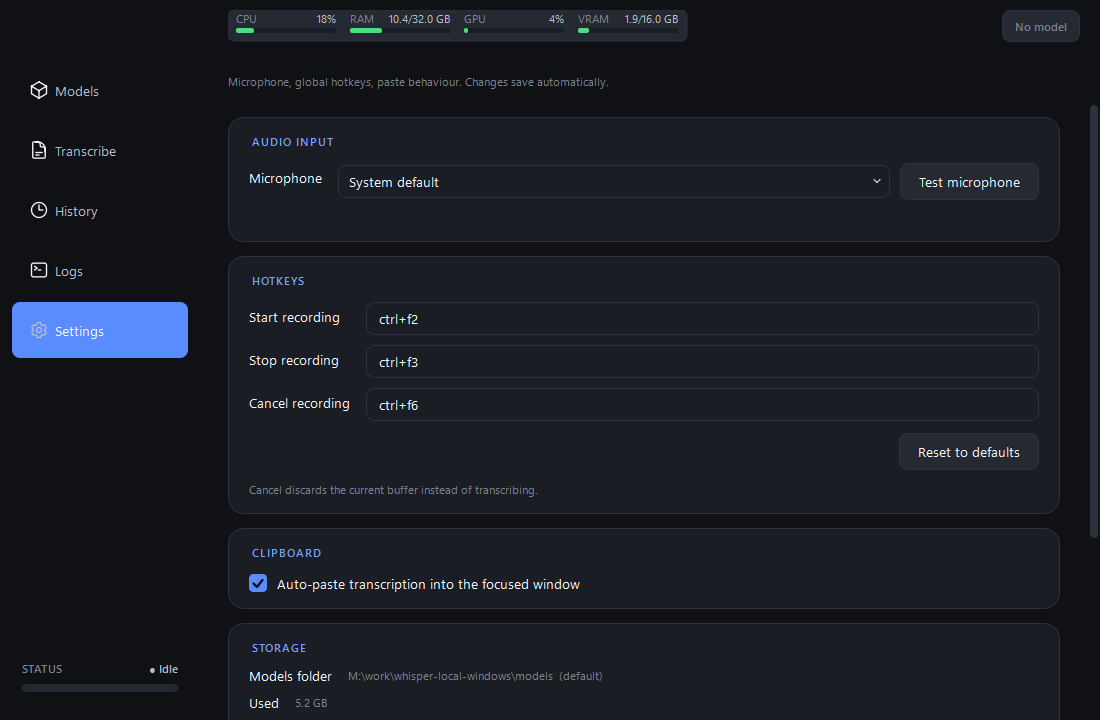 Settings tab — Audio input, Hotkeys, Clipboard, and Storage cards with Test microphone and Open-folder buttons.