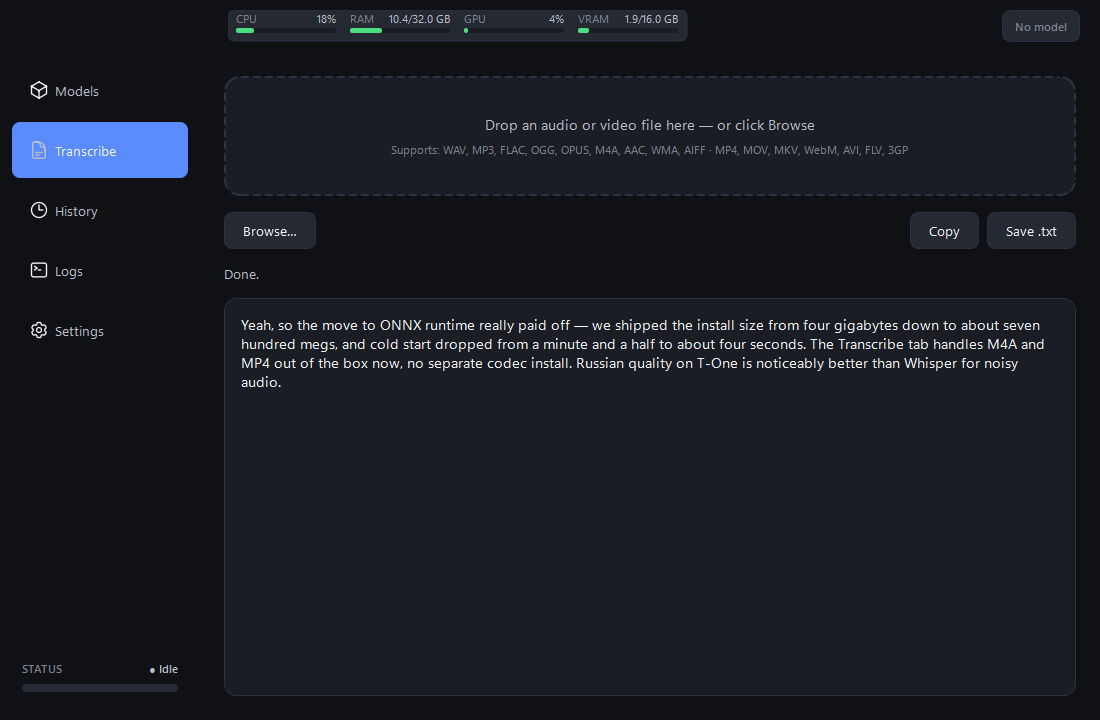 Transcribe tab — drop zone with format hint, Browse button, transcript output, Copy / Save .txt buttons.