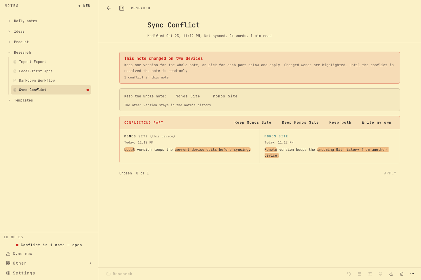 The conflict dialog comparing the local and the remote version of one note side by side, with a choice to keep each.