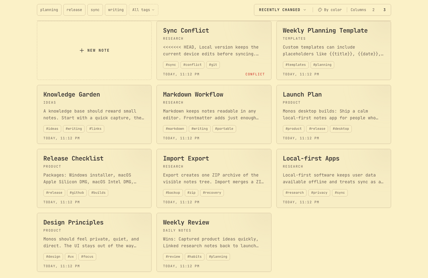 The Monos board: recent notes as cards, each with its category, tags, a snippet, and the date it was last changed.