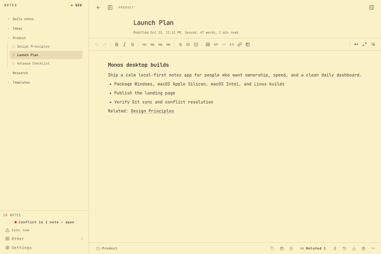 The editor open on a note called Launch Plan, with its category and tags, a formatting toolbar, the note text, and the outline on the right.