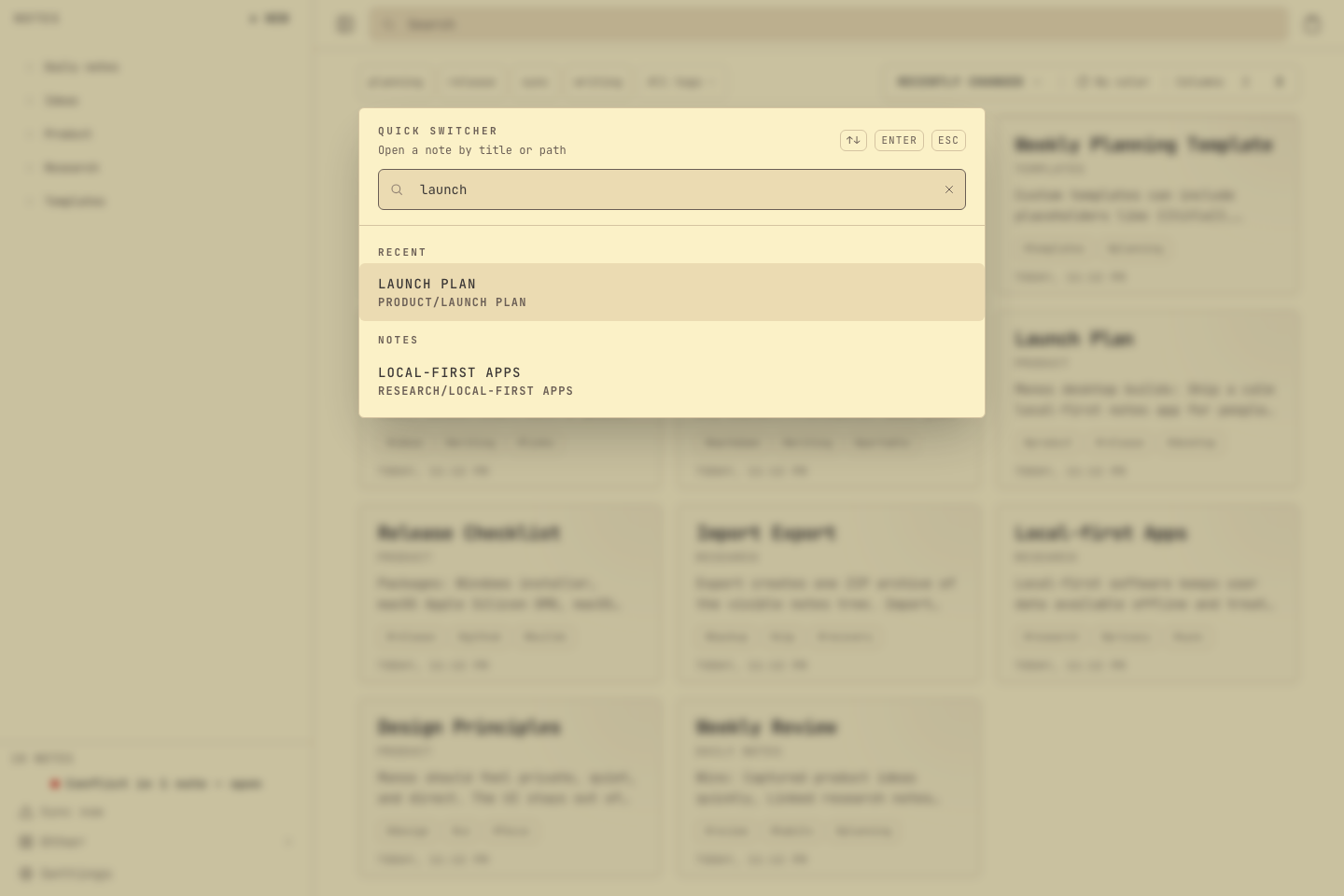 The quick switcher with the word launch typed in, listing the Launch Plan note and matching templates.