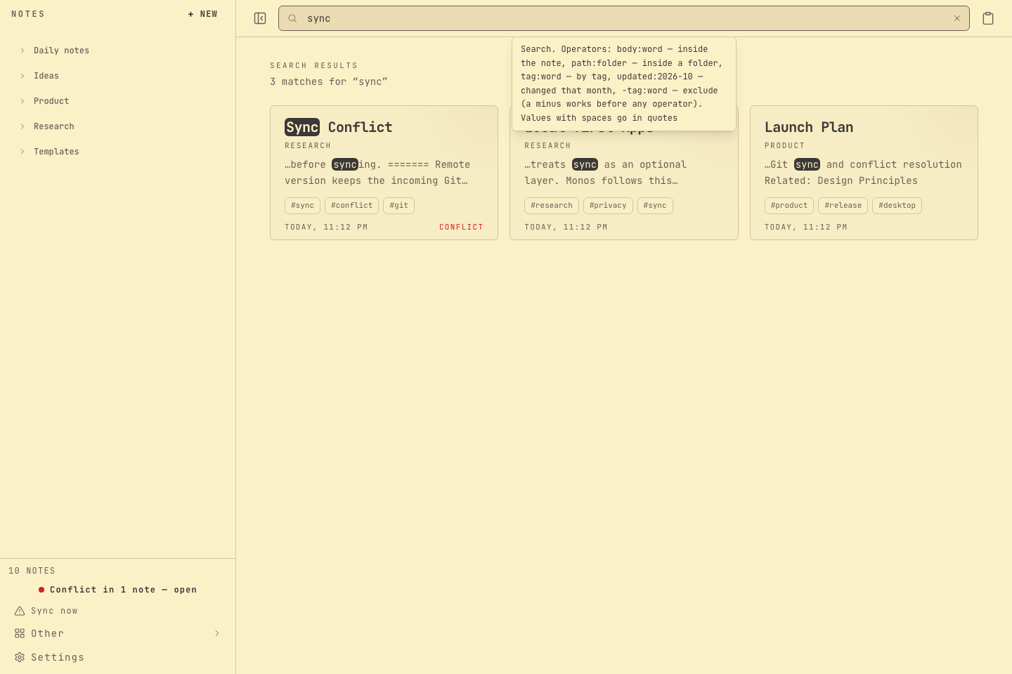 Search results for the word sync, with the matching word highlighted in each note.