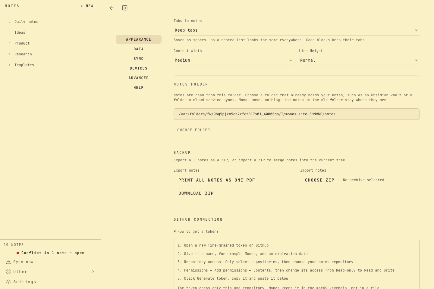 The settings screen with backup, language, and theme choices, including the six color themes.